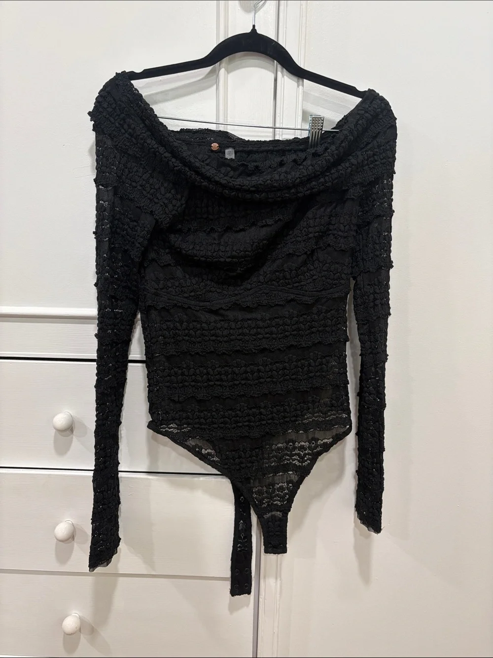 Free People Black Lace Off-Shoulder Long Sleeve Bodysuit